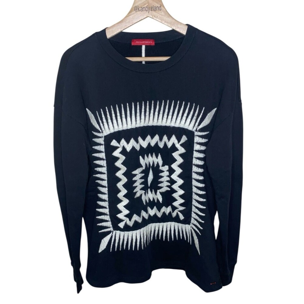 PHILANTHROPY Black Crewneck Sweater White Geometric Embroidered Design